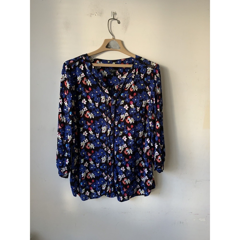 Talbots Womens Shirt 1X Dark Floral Spring Preppy Cottage Peasant Work Blue